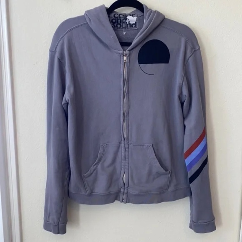 Freecity Gray Hoodie with Black and Colorful Sleeve Stripes size 1/s